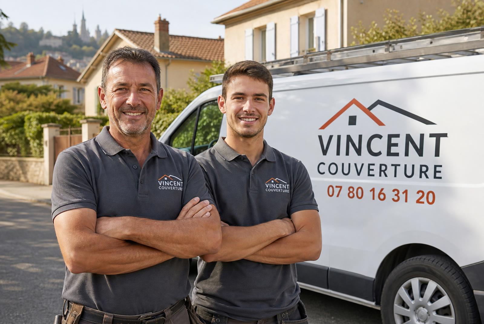 L'équipe Vincent Couverture en polo floqué devant son camion, région lyonnaise